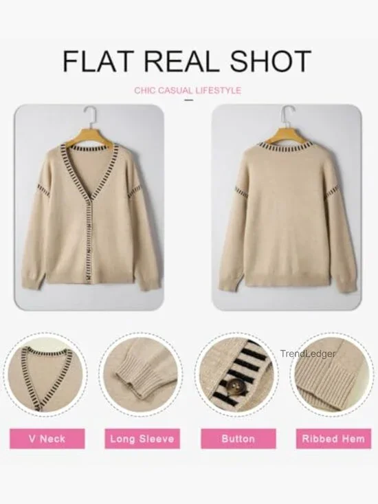 Oversized Button Front Cardigan Sweater Long Sleeve Striped Trim Fall Winter - Picture 5 of 7